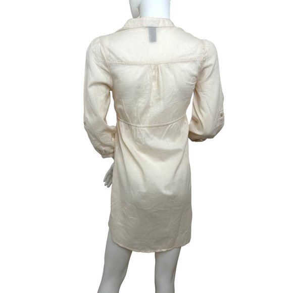 H&M Women’s Mini Dress 2 Peach Button Down 3/4 Sleeve Roll Tab Band Collar VNeck - Picture 3 of 14